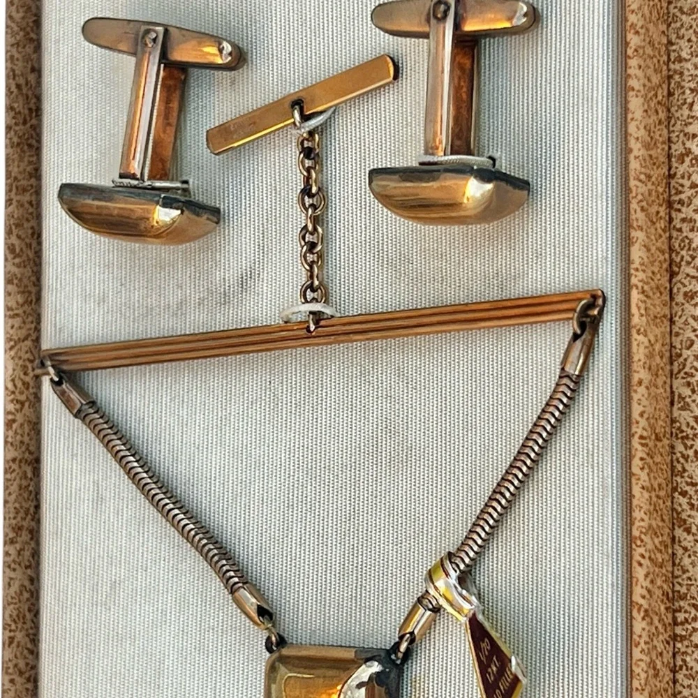 Bigney Tie Bar W/ Chain & Cufflinks gold filled 1/20 12KT VTG NRFB MCM Orig Box